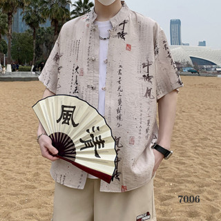 男士棉麻短袖襯衫民族風時尚復古印花亞麻短袖襯衫日系ins透氣排汗唐裝漢服太極服茶服禪服居士服