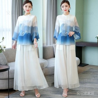 a849 民國中式唐裝套裝女復古禪意僊氣漢服夏裝中國風女裝改良旂袍上衣【安貝諾】