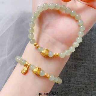 💎玉福祥珠寶💎 金色福袋手鍊女轉運珠招財福祿福牌和田碧玉手串男女士情侶款一對禮