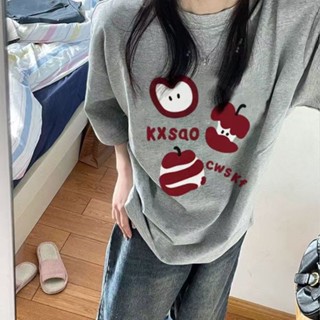 【砂糖夢境】夏季新款灰色短袖t恤女印花設計感小眾ins寬鬆休閒慵懶風美式上衣