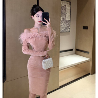 實拍 女裝名媛風性感露肩毛毛一字領修身包臀長袖禮服連衣裙