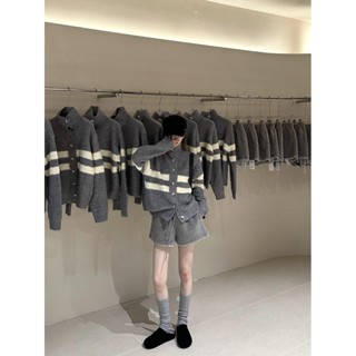 3色🔥 韓系半高領針織開衫 外套女撞色條紋加厚上衣 羊羔毛闊腿短褲套裝 韓國chic 長袖條紋針織毛衣外套+休閒闊