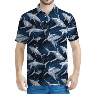 新款男士鯊魚圖案 Polo 衫兒童夏季 3d 印花動物 T 恤鈕扣短袖上衣翻領 Polo 衫