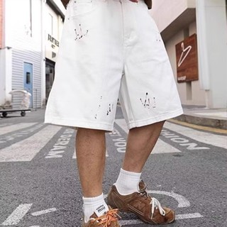 【HOT 本舖】男裝 油漆點潑墨男生美式高街ins潮牌寬鬆水洗牛仔短褲做舊五分褲