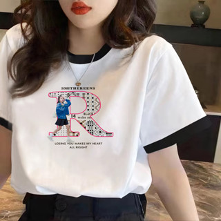愛依依 短袖T恤 印花上衣 拼色上衣M-2XL韓版寬鬆圓領百搭學生打底上衣-3497.