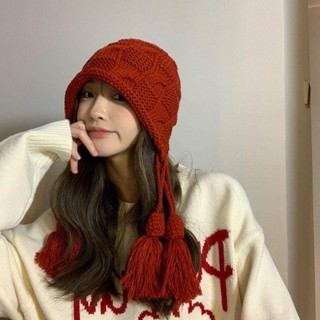 WN新年紅色帽子女秋冬保暖毛線流蘇套頭帽手工針織護耳帽日系ins雷鋒帽 針織帽 毛帽 保暖帽 可愛帽子 毛絨帽子