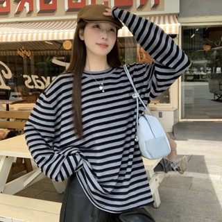 實拍大碼女裝條紋長袖圓領針織衫2024秋季胖MM寬鬆減齡打底衫上衣