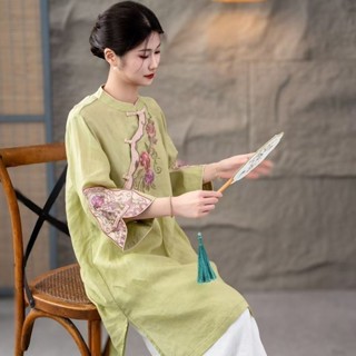 悅悅家YY 2503-1 上新 復古民國風純棉麻刺繡襯衫女裝春夏季中長款立領上衣寬鬆禪意茶服