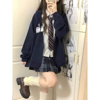 美式vibe風拉鍊衛衣開衫連帽藏藍色可愛學院風寬鬆春秋加絨外套女