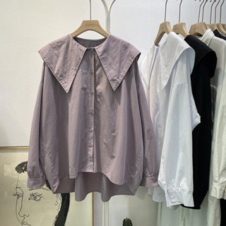 MOMO春秋裝娃娃領襯衫上衣女短款寬鬆長袖襯衣薄外套女潮ins春夏裝女DYJ☆
