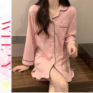 🌸WIE' Y🌸「日本家居服」純棉家居服 性感睡衣 網紅風襯衫小翻領短袖睡衣女 純色睡裙 女生睡衣裙 夏天睡衣 長袖睡裙