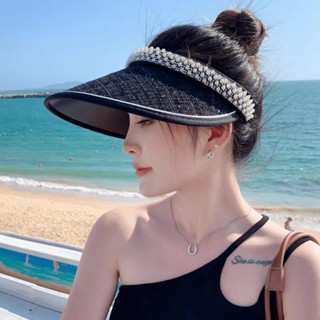 2025新款夏季防曬遮陽紫外線空頂帽百搭珍珠帽女黑膠大簷太陽帽子