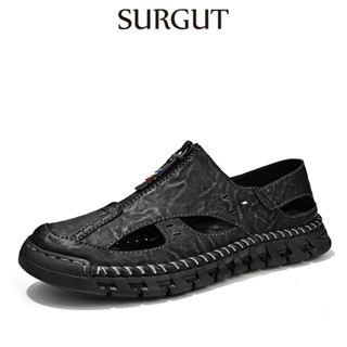 Surgut時尚男士涼鞋夏季涼爽透氣手工拉鍊柔軟彈力舒適防滑日常休閒鞋38-46