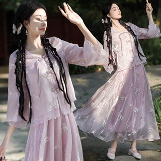 【桃喜Rich現貨】新中式女裝 復古改良氣質刺繡盤扣V領開衫 民族風中袖淡紫色上衣 紫色半身裙女套裝 改良漢服日常穿搭