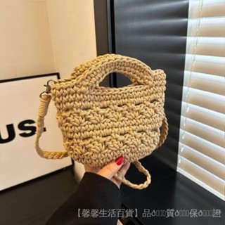🎉臺灣發貨免運 🎉廠傢手工針織彩色單肩包鏤空小編織包網紅衕款草編包水桶手提包