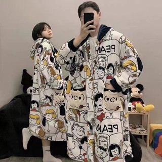 睡衣女 睡袍 大碼法蘭絨 珊瑚絨睡衣 睡衣史努比睡衣女秋冬季法蘭絨加絨加厚情侶睡袍中長款珊瑚絨男士浴袍