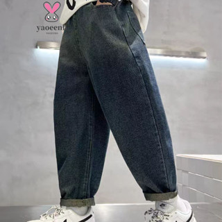 【YAOEENH】100-170CM 春季男童韓版字母口袋貼標牛仔褲 中大童輕薄透氣休閒長褲 現貨 快速出貨
