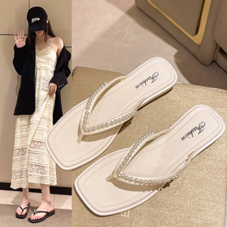 #現貨熱銷# 女鞋 女士休閒夾腳拖鞋女夏季外穿時尚平底珍珠夾趾網紅涼拖鞋沙灘涼鞋48小時速發