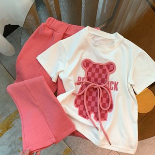 【2775人收藏】夏季兒童短袖T恤喇叭褲兩件套時尚女童卡通上衣長褲套裝女孩衣服