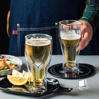 現貨秒發    雙層啤酒杯精釀啤酒杯酒瓶造型飲料透明雙層玻璃杯輕奢扎啤杯啤酒杯冷飲杯奶茶威士忌酒杯酒杯水杯子加不鏽鋼冰塊