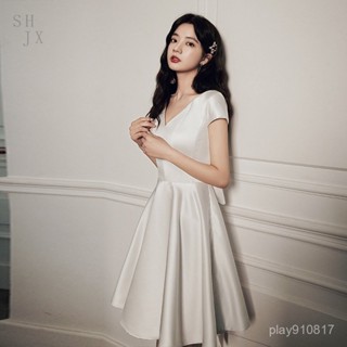 [生活精選]白色洋裝小禮服宴會氣質優雅訂婚結婚主持人短版晚禮服春酒尾牙公司年會畢業成年禮
