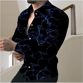 3D線條3D印花男士襯衫，帶鈕扣的休閒長袖襯衫，