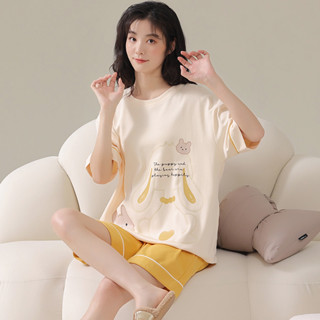 卡通圖案圓領短袖短褲睡衣女套裝家居服