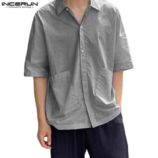 INCERUN 男式條紋五分袖襯衫