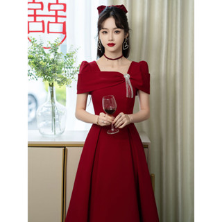 ⚡[MOMO新娘婚紗][免運][限時下殺]季結婚敬酒服新娘訂婚酒紅色連衣裙法式高階晚禮服平時可穿