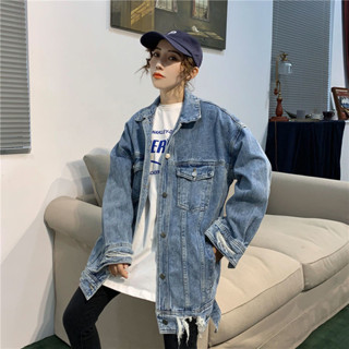 秋季破洞牛仔外套女寬鬆2023新款韓版學生BF中長款百搭夾克上衣潮