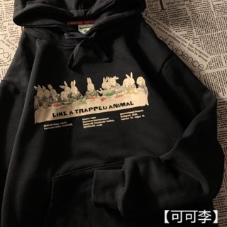 【可可李】帽t 黑色美式復古秋冬卡通印花加絨 連帽衛衣 男女情侶裝 外套薄款刷毛休閒寬鬆oversize