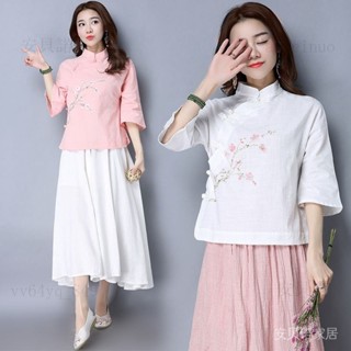 a849 3XL寬版大碼夏裝新款民國風女裝復古立領盤扣寬鬆棉麻茶服上衣女梅花刺綉亞麻漢服中袖短袖襯衫【安貝諾】