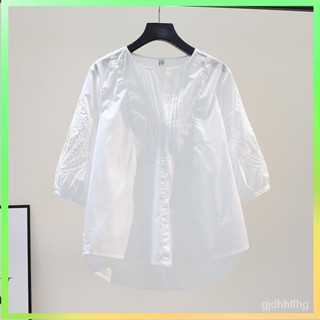 【✨臺灣熱賣】 【1989次迴購】100%純棉鏤空繡花中袖白色女圓領寬鬆襯衣2023夏季韓版小清新上衣 限時特賣B43-