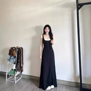 夏天洋裝 設計感假兩件設計感小眾收腰顯瘦a字長裙黑色無袖吊帶背心洋裝 法式洋裝仙女裙