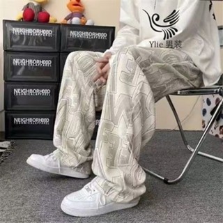 YLIE 燈芯絨褲子男 字母印花 滿印高街痞帥ins休閒長褲 潮流寬鬆闊腿褲港風潮牌休閑褲 長褲 褲子 男褲子 闊腿褲