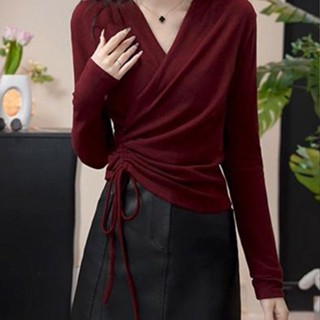 特價大碼交叉設計感V領長袖上衣女2024秋季新款寬鬆顯瘦正肩打底衫ins