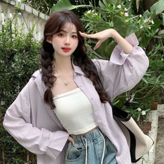 【店鋪熱銷】微透長袖防曬襯衫外套女秋季2024新款紫色寬鬆中長款薄款開衫上衣