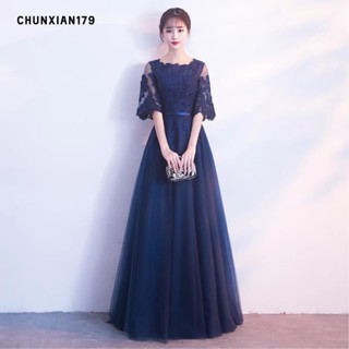 女士深藍色晚禮服 名媛優雅收腰顯瘦洋裝 伴娘婚禮場合 春酒尾牙 主持 回門晚宴 短袖長禮服 表演 大尺碼黑色連衣裙 顯瘦