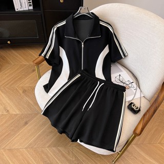 A2716L 大尺碼兩件套裝 L-4XL 夏季新品大碼女裝 胖MM顯瘦短袖上衣 短褲兩件套套裝 設計感拉鏈短袖 褲子