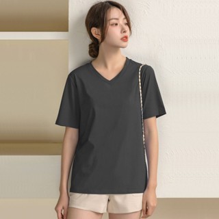 愛依依 上衣 短袖T卹 打底衫 小衫 S-2XL 新款V領白色短袖t卹莫代爾棉雞心領大碼寬鬆半袖打底衫-1280.