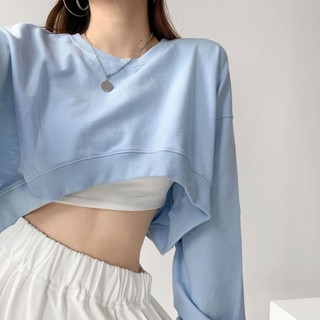 短版大學T女2024秋季韓國素色寬鬆圓領女士長袖上衣女裝潮yeuqihao882my20250409