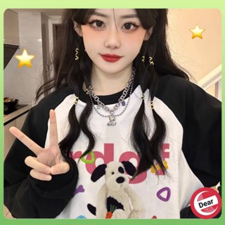 【Dear】黑白拚色正肩插肩小狗長袖上衣T恤女早秋季薄款打底衫設計感上衣