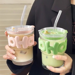 新品現貨高顏值玻璃杯家用簡約豎紋竹節杯吸管字母雙飲杯咖啡牛奶杯子20250415