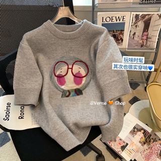[VERNE FF]灰色上衣 t恤女裝 針織短袖t恤 女夏季上衣 印花t恤 正肩設計感上衣 卡通印花上衣