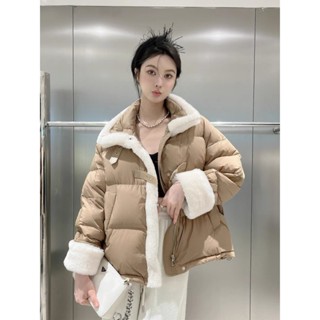 【HOT 本舖】 S-L 羽絨服女短款立領羊羔絨新款韓版拼接小個子白鴨絨反季外套