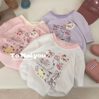 25-04新品發佈 促銷 直髮 純棉女童卡通立體刺繡短袖兒童夏季超洋氣T恤圓領上衣拼色