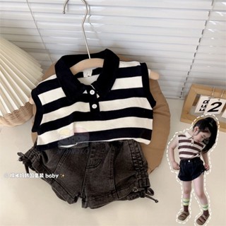 🎈臺灣出貨💥【條紋背心+抽繩短褲 套裝】女童夏季2025新款套裝女童條紋時尚背心兒童時髦百搭抽繩短褲潮