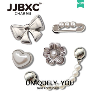 JJBXC 洞洞鞋 鞋釦 金屬鞋花 鞋配飾 銀色金屬蝴蝶結 銀色花朵 珍珠鏈條 DIY時尚鞋附件
