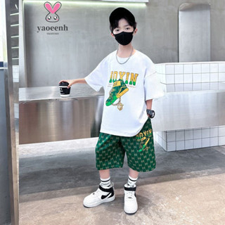 【YAOEENH】120-170CM 中大童帥氣短袖短褲兩件套 夏季男童印花寬鬆運動休閒套裝 現貨 快速出貨