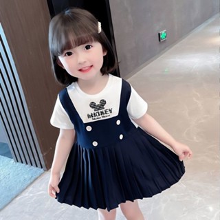 熱賣！【HH】兒童夏天裙子女童短袖假兩件洋裝寶寶寬鬆可愛A字公主裙中長款6